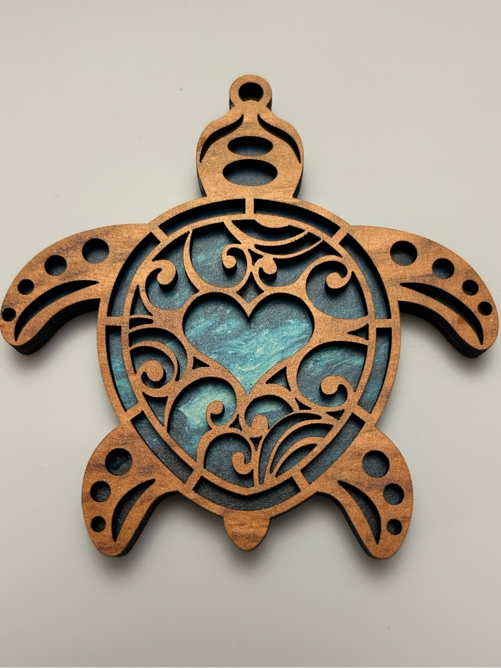Wooden Turtle Ornament with Teal Inlay